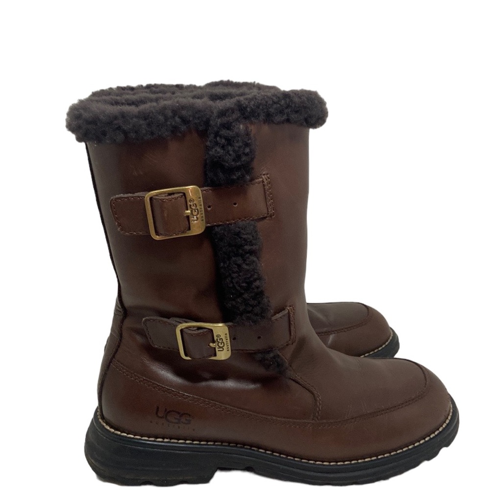 Ugg Austrailia Brown Leather Boots w/ Side Straps F8004G Womens Size 8 Sheepskin